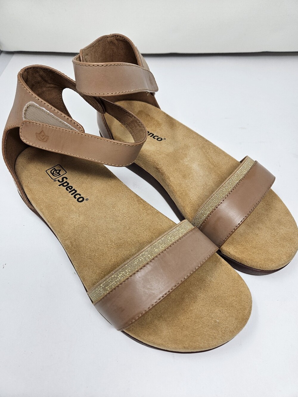 Spenco Jasmine Supportive Tan Leather Metallic Accent Velcro Comfort Sandal 8.5D